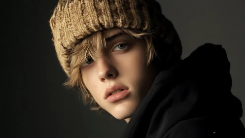 Soft side-lit portrait with knitted beanie and muted palette.