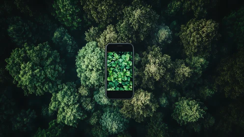 Smartphone Displays Nature Surrounded by Dense Forest Canopy