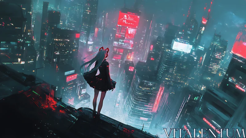 Girl stands on rooftop edge above dense neon cyberpunk city