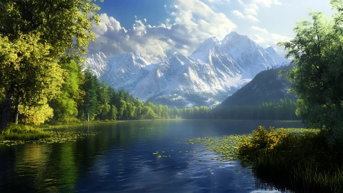 Sunlit alpine lake cradled beneath luminous snow peaks.