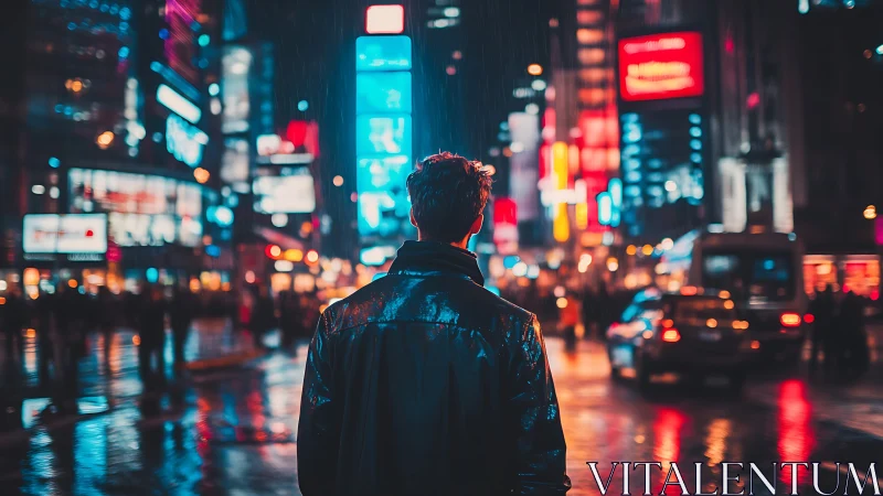 Backlit male figure surveys neon city street in nocturnal rain