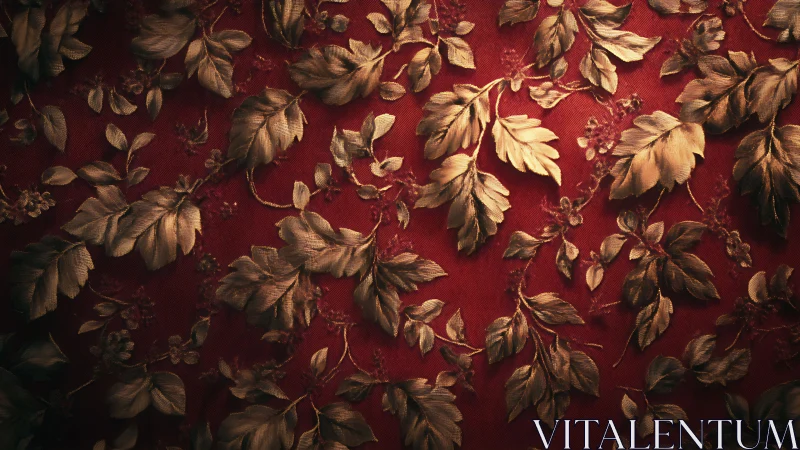 Gold leaf embroidery on deep red decorative fabric pattern.