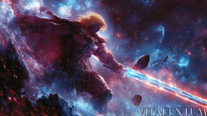 Cosmic warrior hurls energized sword through shattered nebula