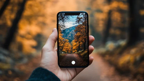 Smartphone frames vibrant autumn forest path in focus.