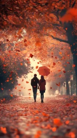 Couple walking under red umbrella through autumn leaf canopy at dusk