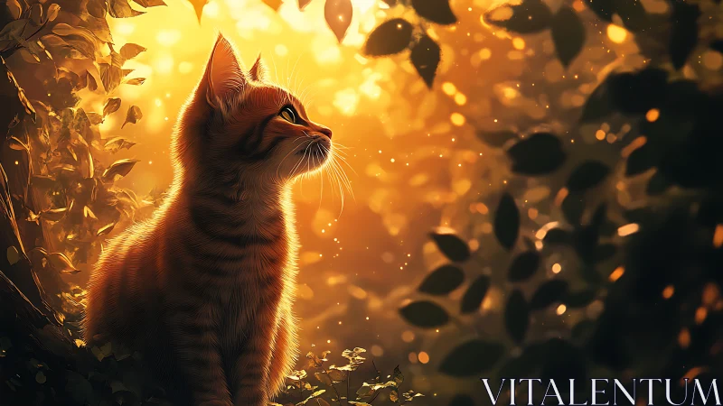 Tabby Cat Amid Golden Light Particles and Autumn Foliage