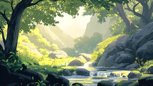 Forest Valley with Stream and Sunlit Canopy