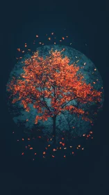 Orange autumn tree centered in circular dark teal frame