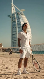 Sunlit beach tennis sentinel before sail shaped tower.