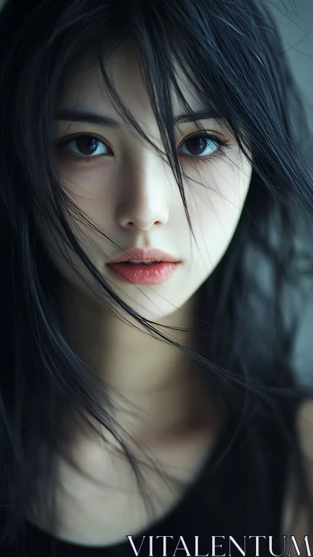 Close portrait of woman with dark hair in soft lighting