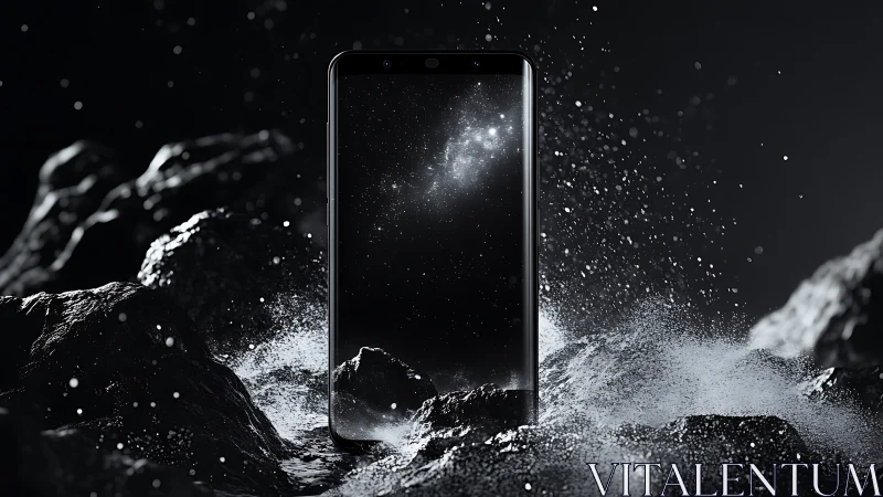 Photorealistic smartphone monolith amid dynamic water spray.