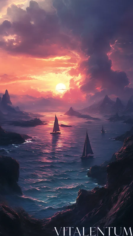 Sailboats crossing a rocky seascape at vivid sunset.