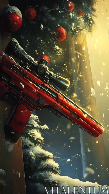 Holiday sniper’s perch wrapped in wintry golden glow.