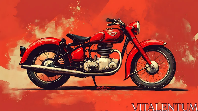 Retro single-cylinder motorcycle on saturated red ground plane.