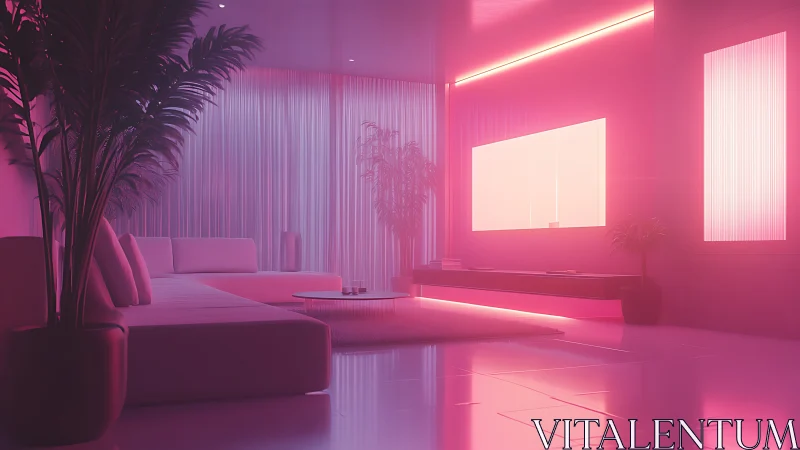 Neon illuminated modern lounge interior with palm plants.