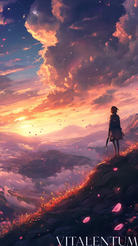Character stands on mountain ridge watching glowing sunset sky