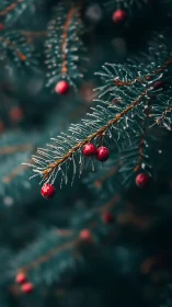 Frosted evergreen branch glows with vibrant red winter berries