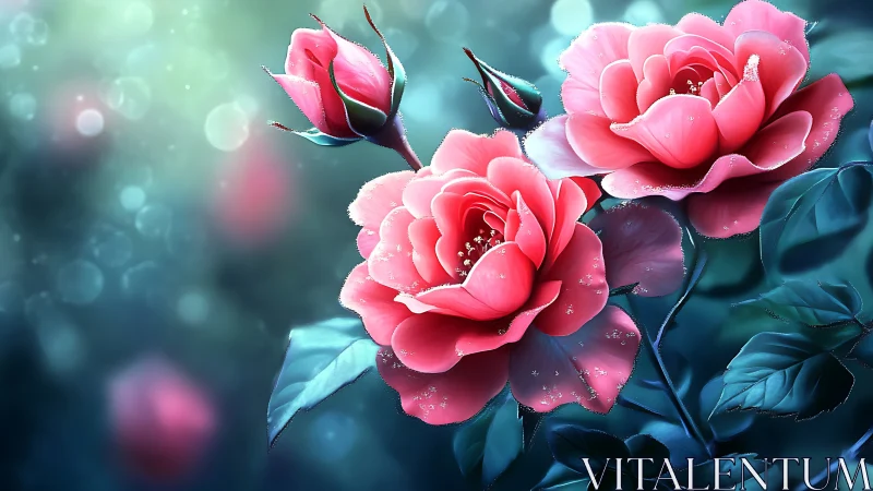 Pink Roses Against Teal Bokeh: Romantic Digital Floral Study.