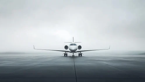 Private jet stands centered on wet runway in dense fog