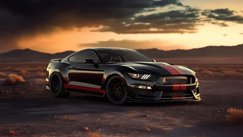 Black Shelby GT350 in sunset desert landscape, high contrast lighting