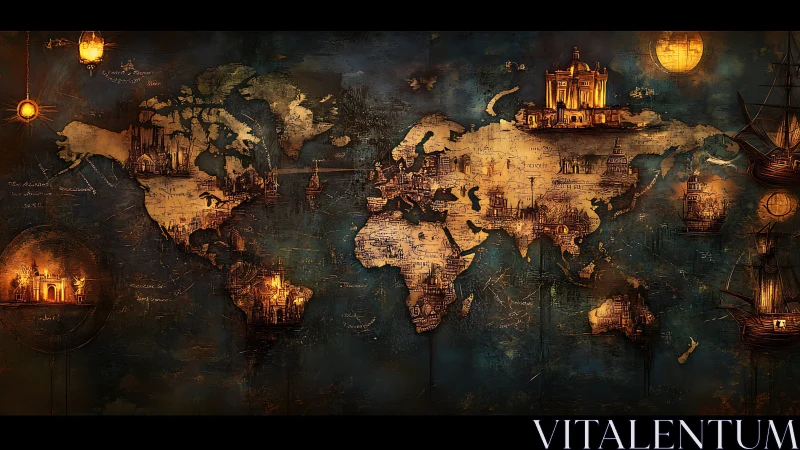 Illuminated fantasy world map with cities and ships.