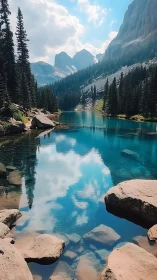 Vertical alpine lake vista with reflective symmetry composition.