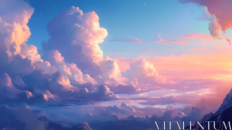 Iridescent cumulonimbus clouds rendered in vivid digital sunset