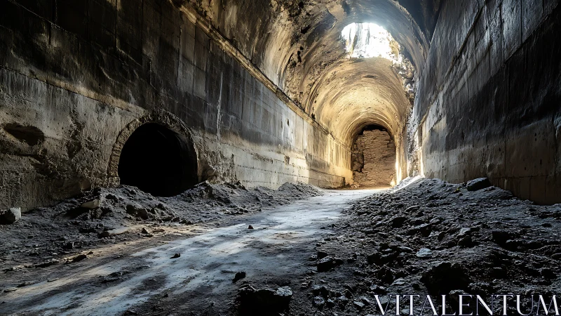 Collapsed stone tunnel interior with dramatic top lighting.