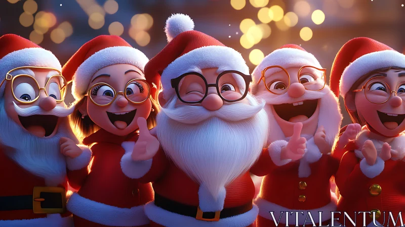 Laughing Santa squad glows under twinkling holiday lights.