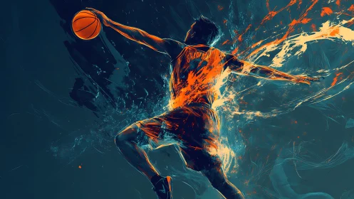 Dynamic basketball dunk rendered with explosive abstract color streaks