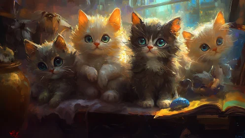 Five Kittens on Stone Surface with Illuminated Background