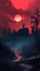 Blood-red moon above misty marsh and haunted stilt house.