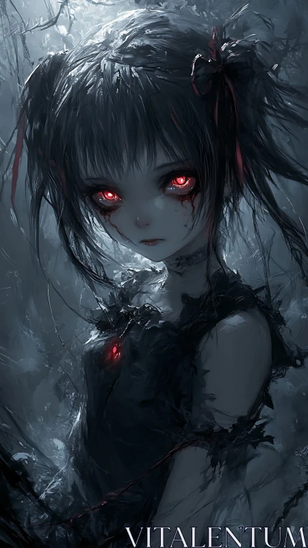 Dark anime girl with glowing red eyes in eerie shadows.