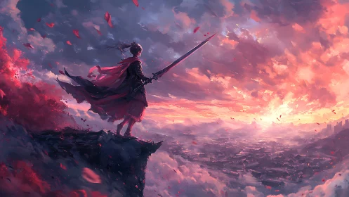 Lone warrior overlooks a burning sky above a vast kingdom