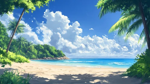 Tropical Beach Scene with Palms and Ocean.