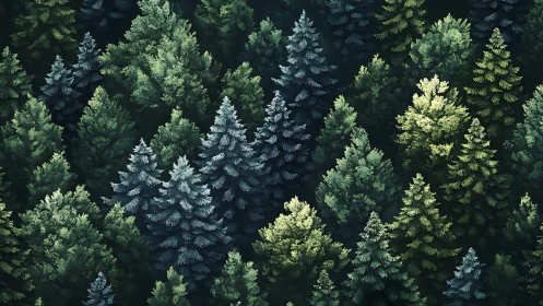 Lush Evergreen Forest Aerial View in Digital Art Style.