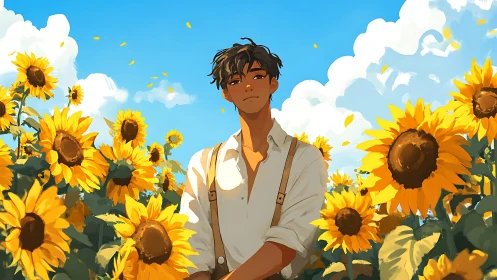 Sunlit young man standing in golden sunflower field.