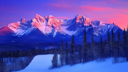 Alpenglow-illuminated winter mountain range and spruce forest