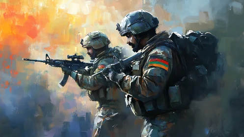 Soldiers advancing with rifles in impressionistic battle scene.