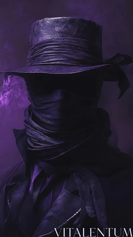Hooded figure in layered purple wraps rendered with high contrast lighting