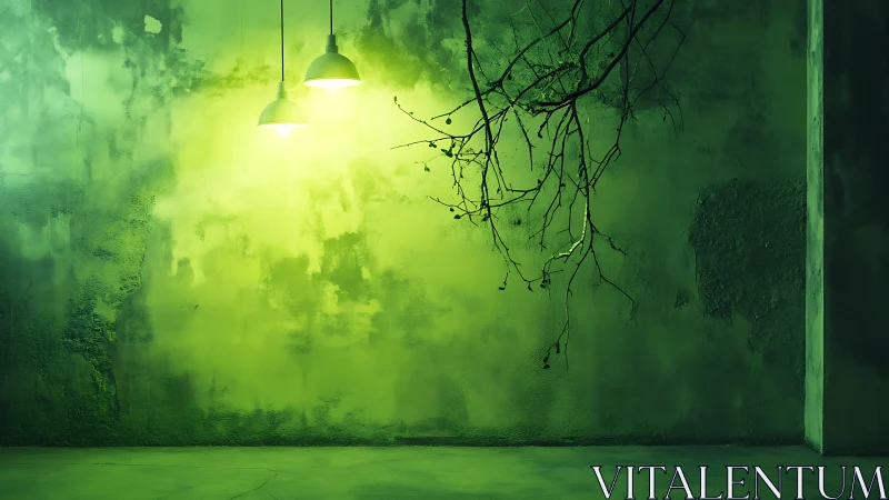 Green concrete room shows hanging lamps and bare tree branch