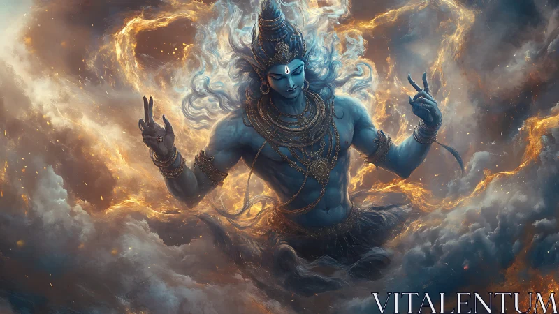 Celestial blue deity emerging through swirling luminous clouds