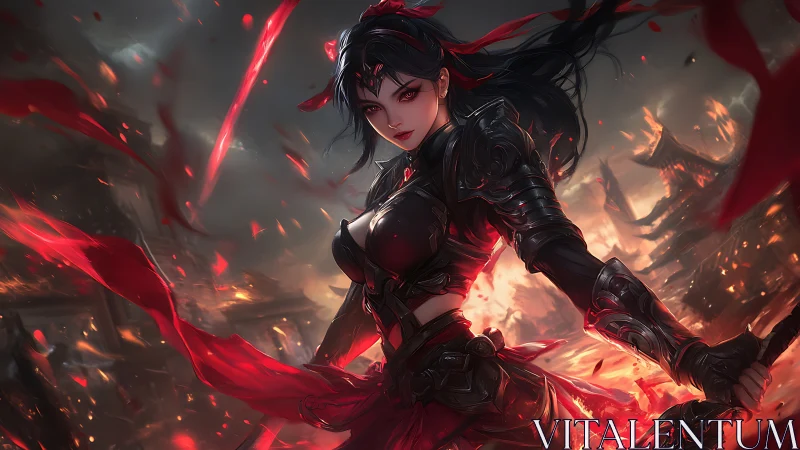 Firelit warrior heroine wrapped in swirling crimson energy.