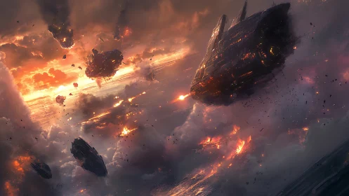 Burning dusk armada collides with a storm-torn sky battlefield.