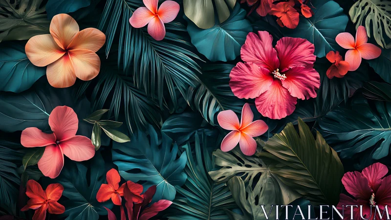 Tropical Blooms Amidst Lush Teal Foliage Creates Vibrant Garden Scene