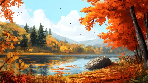 Autumn lakeside landscape with trees, mountains and clouds.