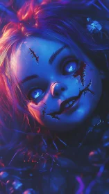 Neon-lit cracked doll face under eerie blue glow.