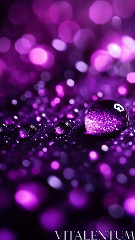 Macro water droplets with luminous violet bokeh glow.