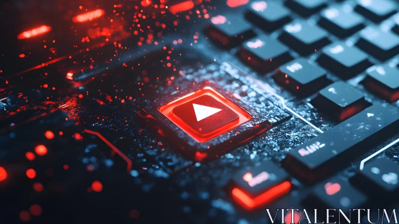 Futuristic Keyboard with Glowing Red Play Button, Digital Art Style.
