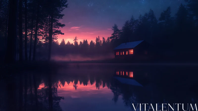 Cabin with illuminated windows reflects on still lakeside water